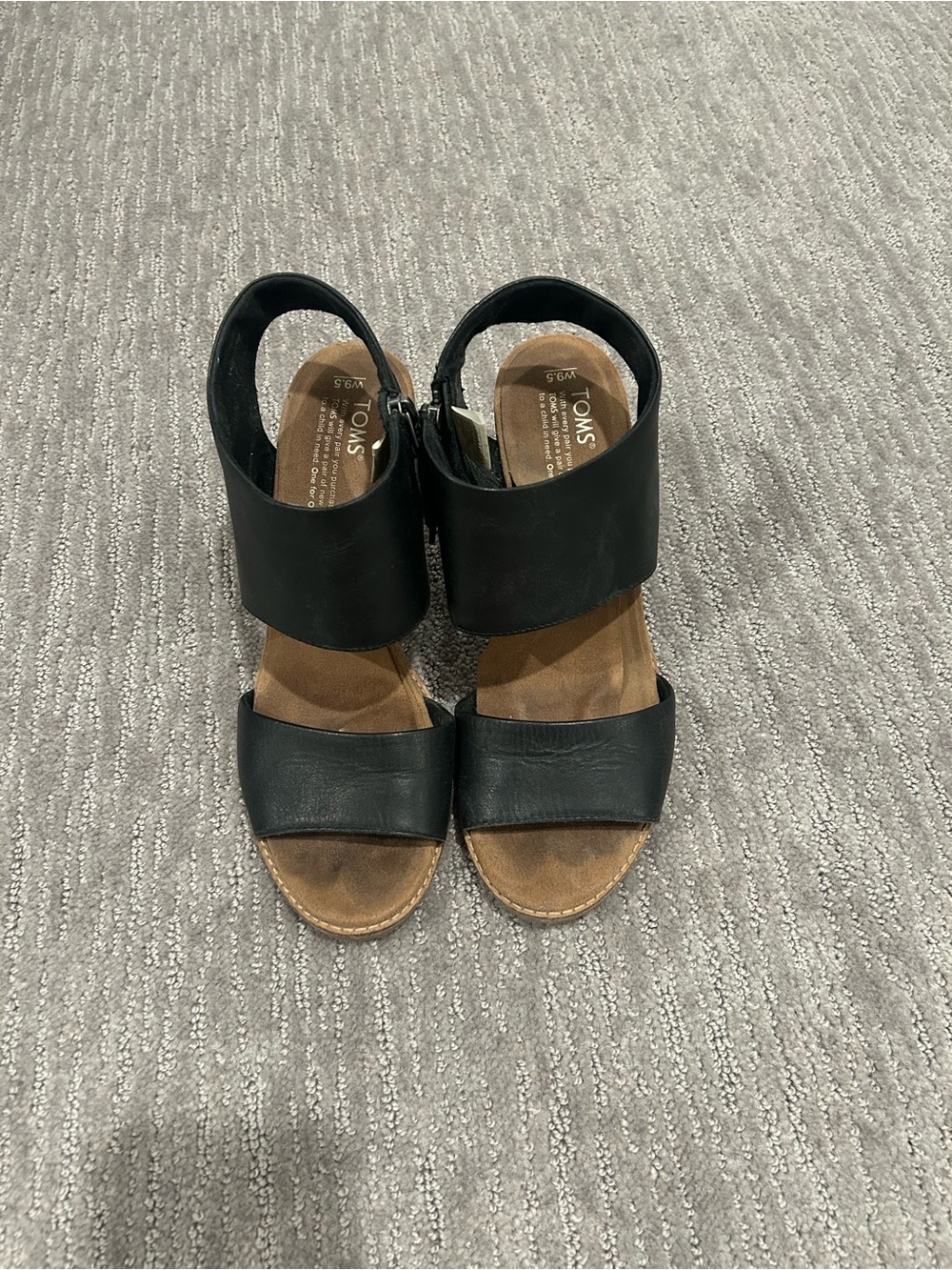 TOMS Black Leather Ankle-Strap Wedge Sandals